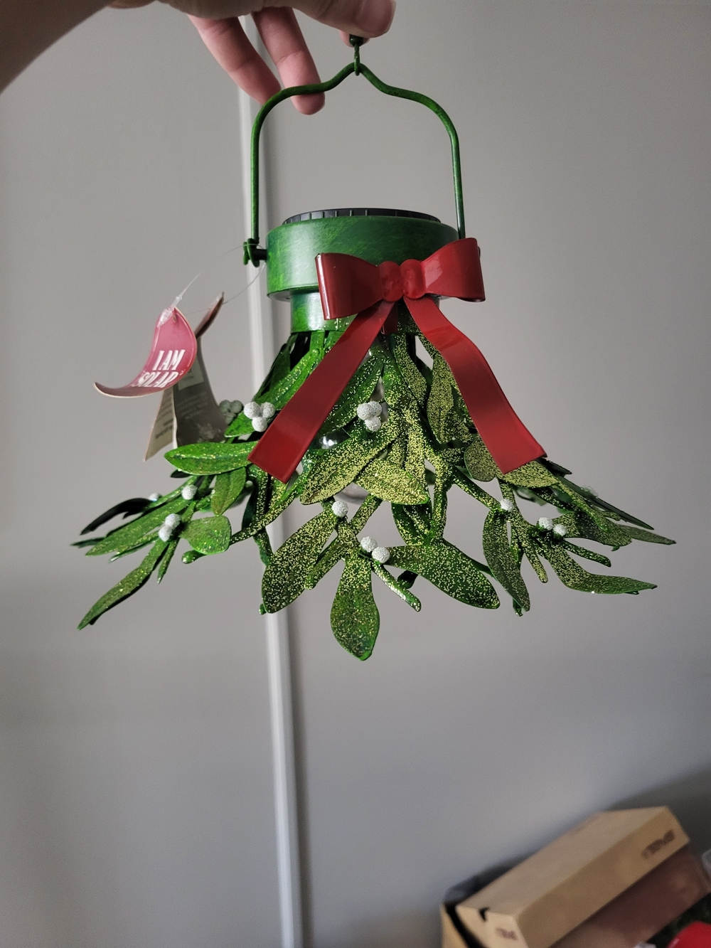 Holiday Mistletoe Lantern with Red Bow - Green